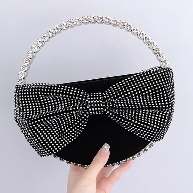 Ins Women\'s Clutches Fashion Acryli Party Rhinestone with Bowknot Round Shape Mini Handbag