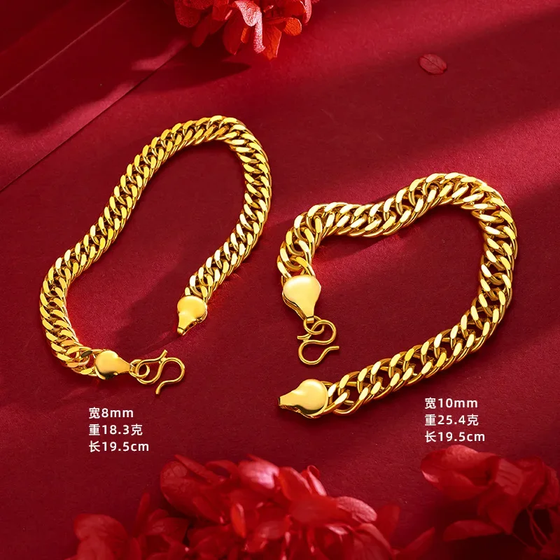 9999 Real Gold 24K Gold Flat Bracelet European and American Fashion Classic Cuban Bracelet Boss Flat Bracelet Men