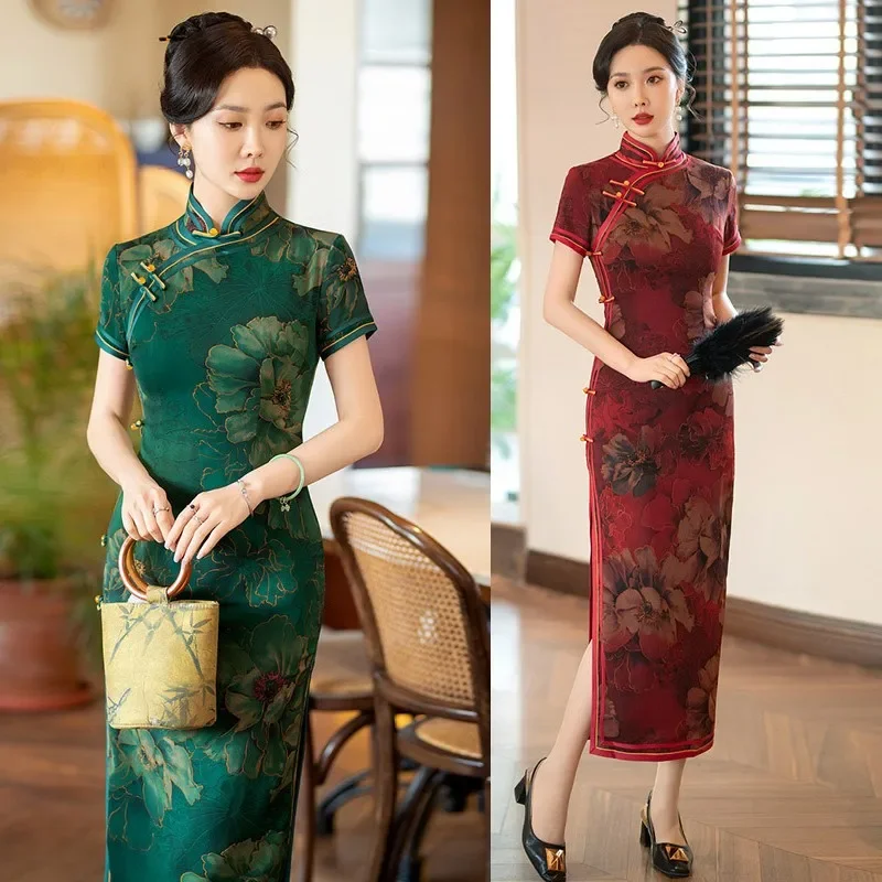 

Высокое качество женское атласное традиционное китайское платье Cheongsam с цветочным принтом элегантное свадебное Ципао женское тонкое длинное вечернее платье с разрезом