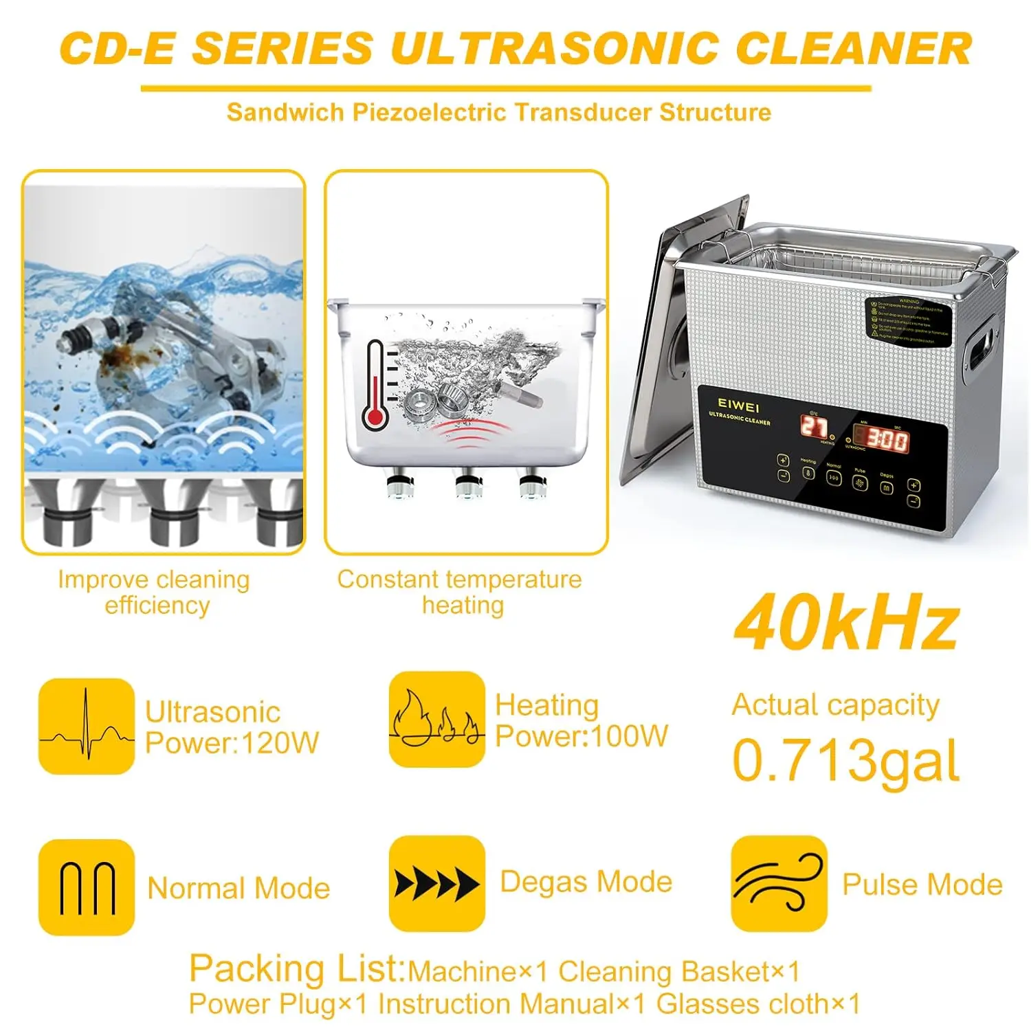 Ultrasonic Cleaner Dual-Frequency Professional Digital Stainless Steel Cleaning Machine with Heater Timer for Carburetor, Par