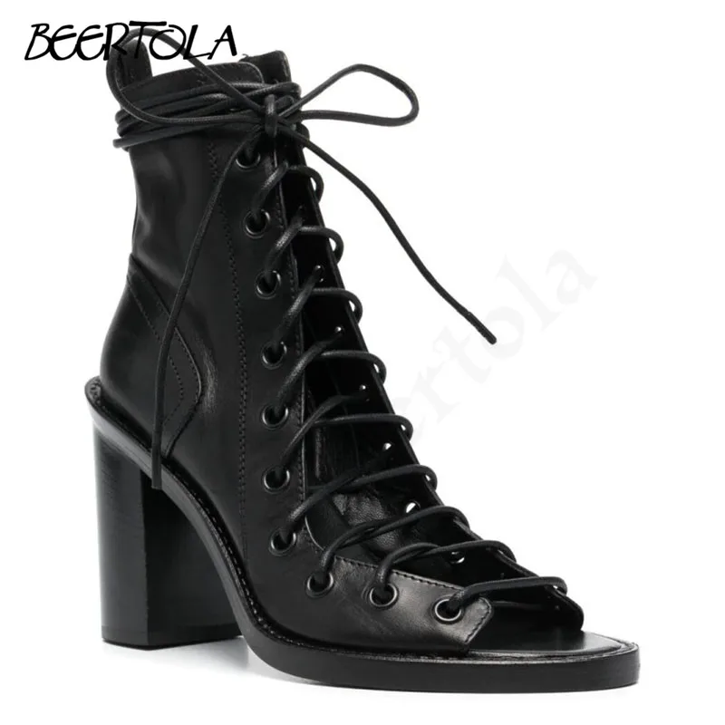 Black Hollow Cross Strap Boots Round Toe Open Toe Thick High Heel Sandals Fashionable Side Zipper High Heel High Top Boots