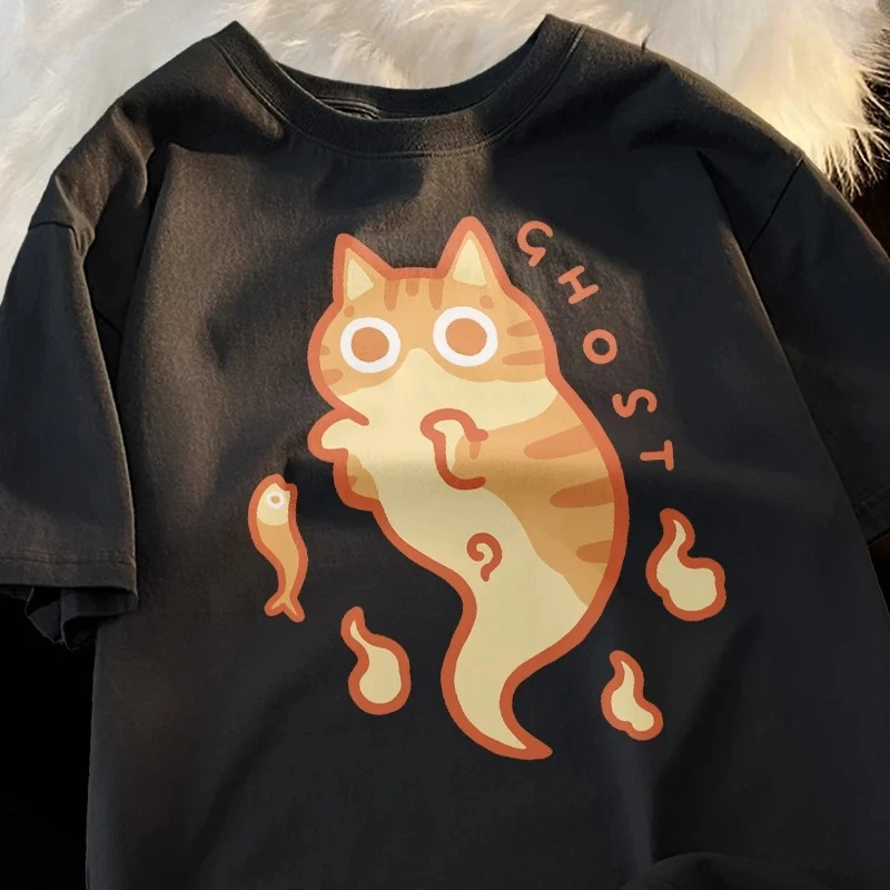 Ghost Orange Cat Funny Painting Womens T Shirt Vigor Clothing Anime Sports T-Shirts Outdoor Novelty Short Sleeved Women Clothing