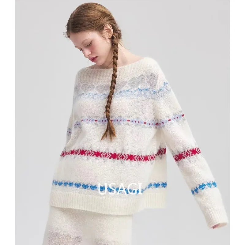 

O-Neck Striped Knitwear Pullover Women Korean Style Autumn Sweater Harajuku Vintage Long Sleeve Soft Cozy Cashmere Sweatear