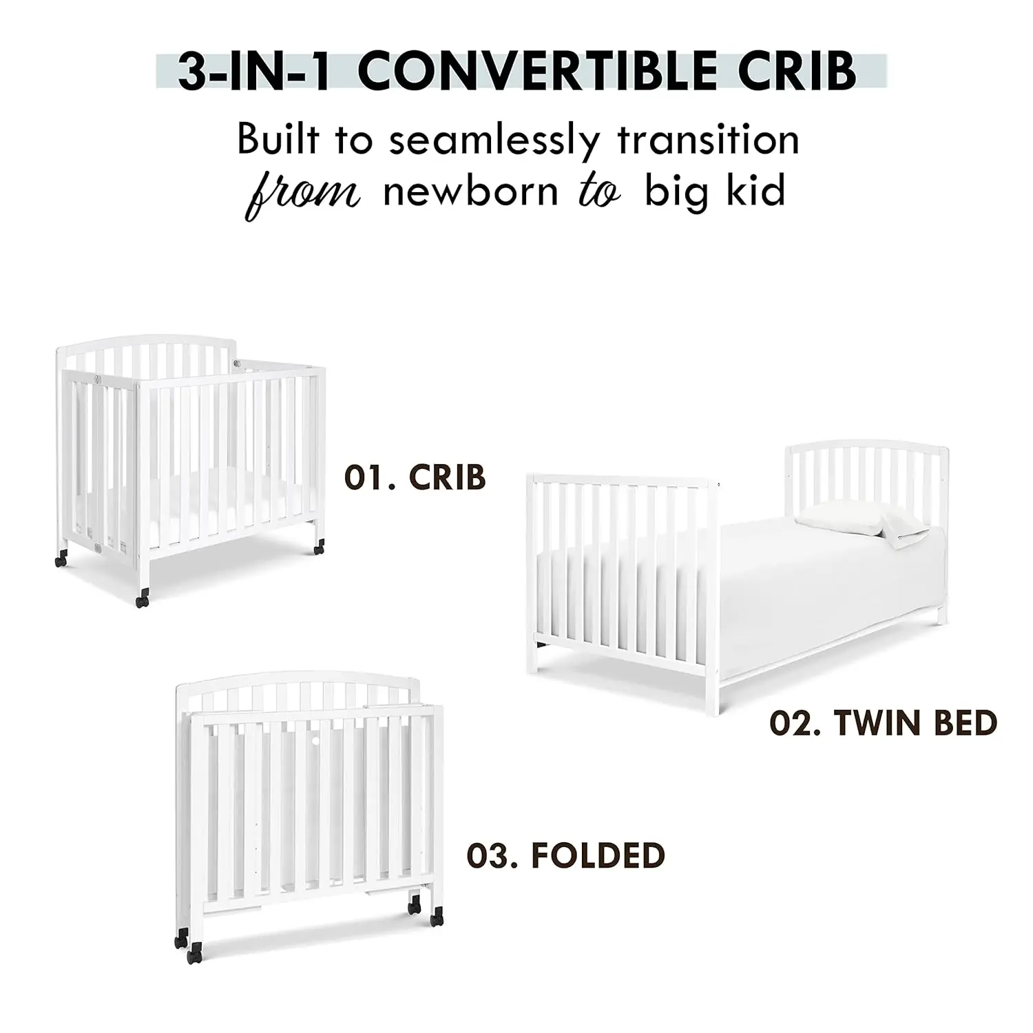 Lipat portabel 3-in-1 Convertible Mini Crib dan Twin Bed in putih, empat posisi kasur yang dapat disesuaikan. Ruang yang efisien