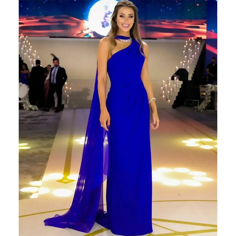

Elegant Long Chiffon Blue Celebrity Dresses Mermaid One Shoulder Pleated Floor Length Evening Prom Dresses with Slit for Women