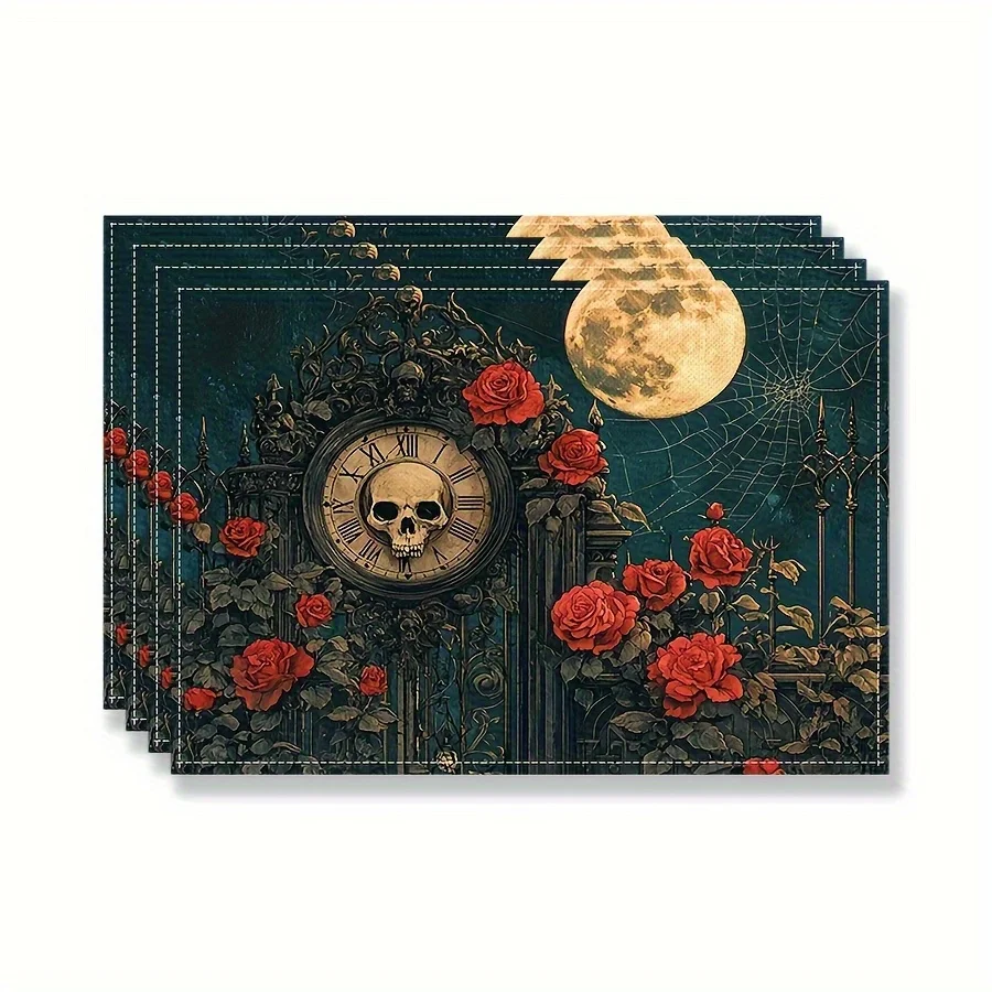 4pcs Gothic Halloween Table Mats - Rose and Skull Clock Design Linen Placemats 30.48x45.72cm, Single-Sided Print