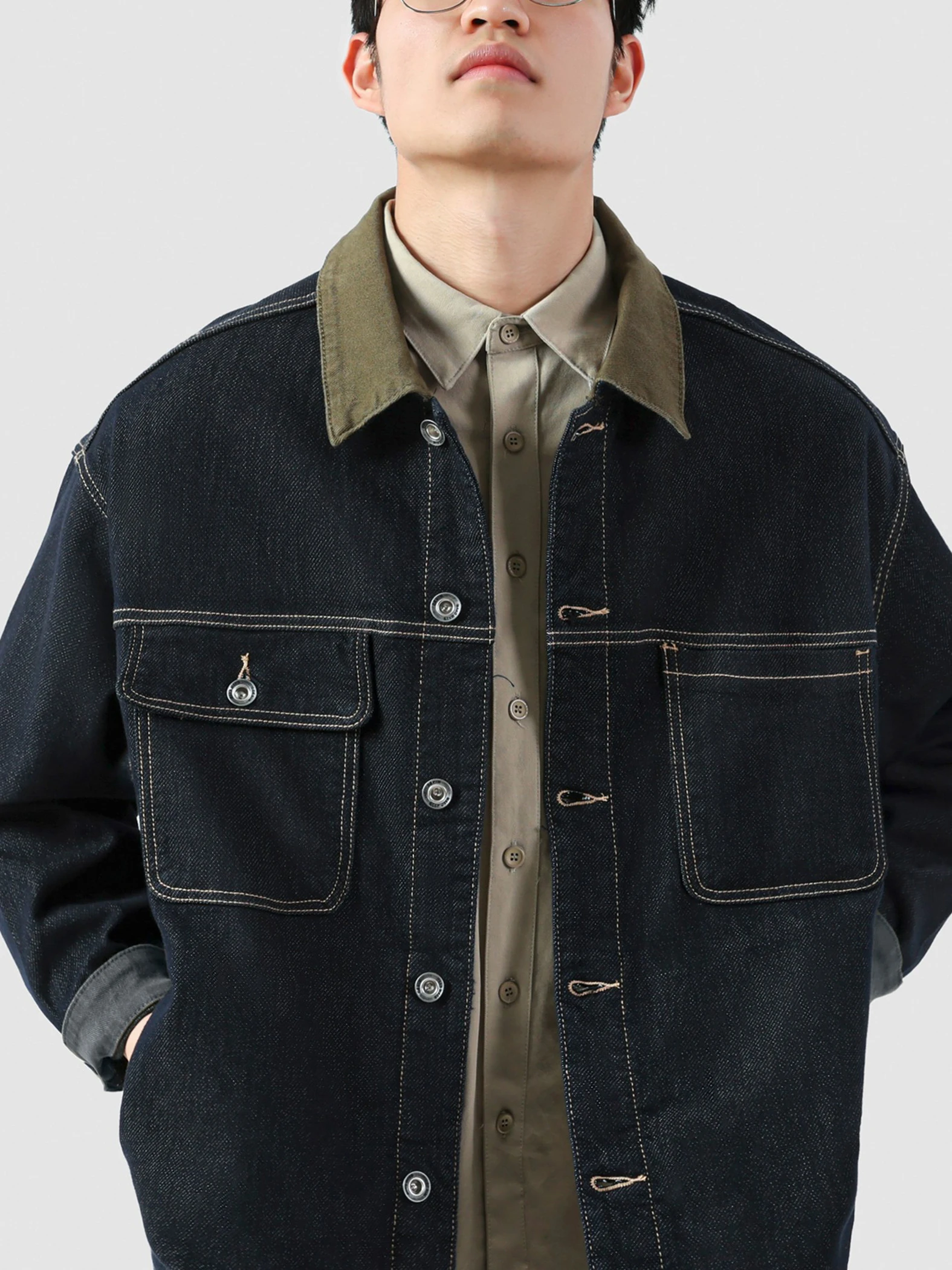 جاكيت دنيم كاجوال فضفاض بغسيل قديم للرجال، موديل جديد لفصلي الربيع والخريف مع تفاصيل الجيوب، مقاوم للرياح، مصنوع من ألياف الب... #5