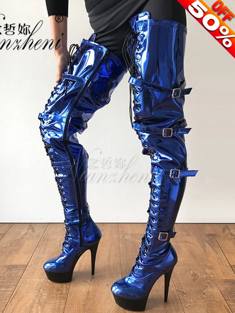 

Fashion Sexy Round Toe 6Inches Stripper Heels Belt Buckle Lace Up 15cm Pole Dance Nightclub Exotic Dancer Boots Over The Knee