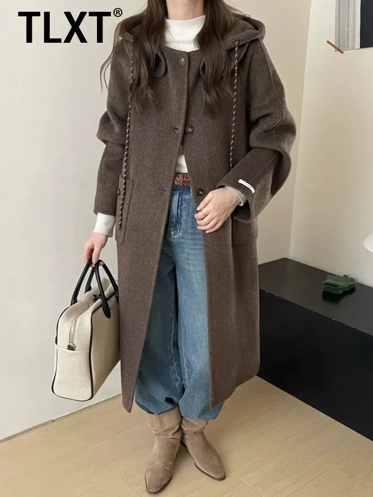 

TLXT Elegant Women's Long Wool Coat Winter Hooded Jacket Gray Chic Outerwear Warm Oversized Overcoat With Pockets 2025 New