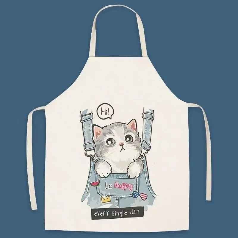 Cute Cat Print Linen Apron Kitchen Cooking Baking Apron Sleeveless Waist Unisex Parent-Child Apron