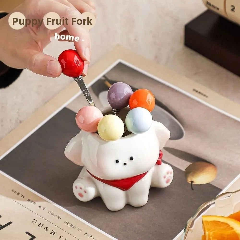 

Home Decoration Stainless Steel Dog Fruit Fork Set Storage Jar Creative Candy Fork Cute Food Picks Party