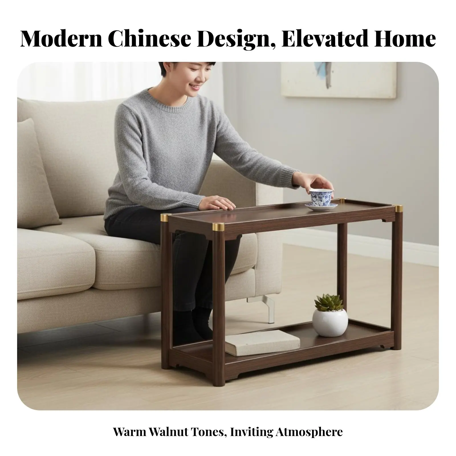 Wheeled Side Cabinet Modern Chinese Aesthetic Tall Storage End Table Mobile Design Open Shelf for Apartment Dwellers view 3