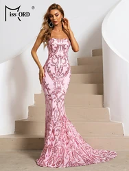 Missord Pink Sequin Long Evening Dress Women Elegant Strapless Sleeveless Bodycon Maxi Party Prom Mermaid Hem Dresses Lady Gown