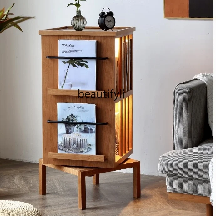 Nordic living room, sofa side magazine display cabinet, log edge storage, bookshelf 360 rotation