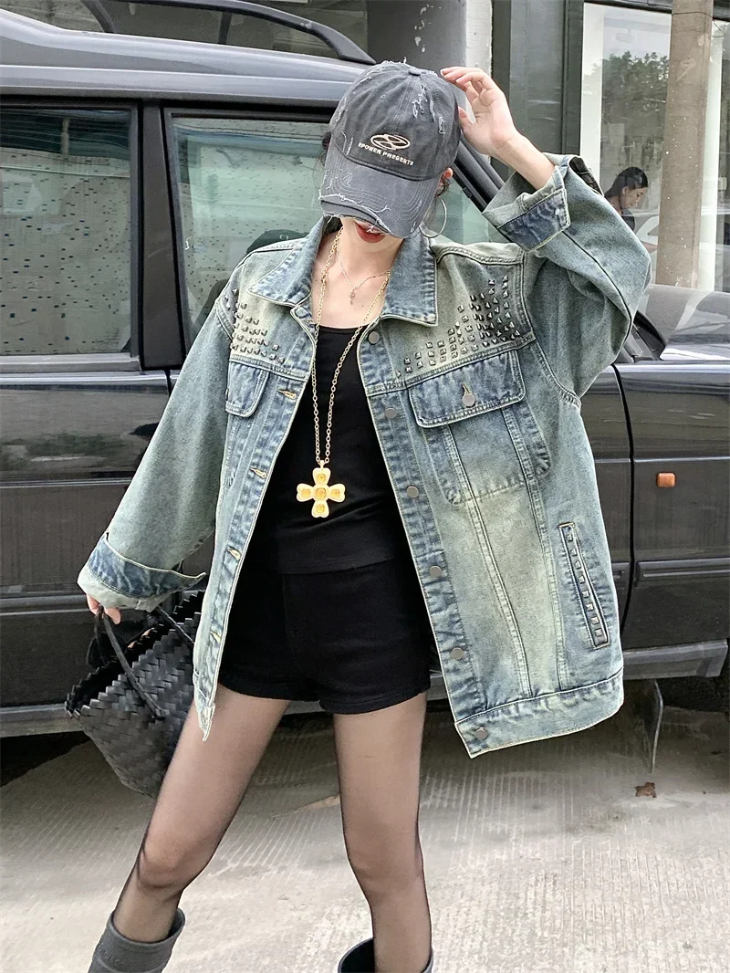 Denim Jackets for Women Rivet Design Turn-down Collar Loose Fit Retro All-match Streetwear American Style Popular Autumn Outwear