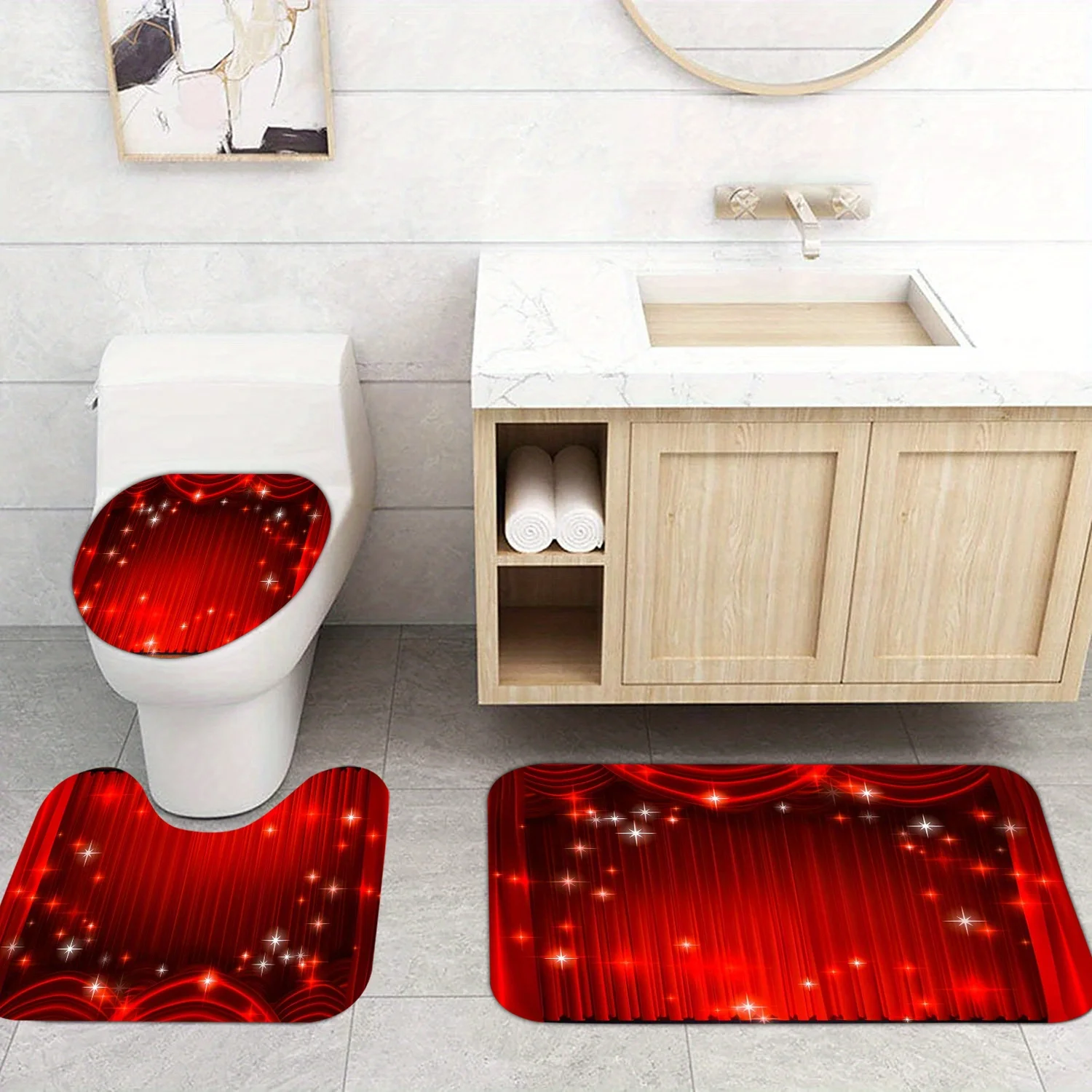 

3pcs Sparkling Red Stage Bath Mat Set - Non-Slip Glitter Rug & Lid Cover for Dramatic Bathroom Decor & Festive Glam​