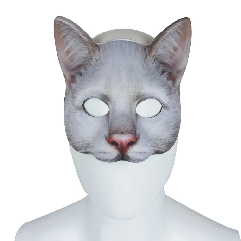 Big White Cat Mask Half Face Halloween Cosplay Animal Mask Long Hair Masquerade Party Costume Scary Spoof Party Accessory