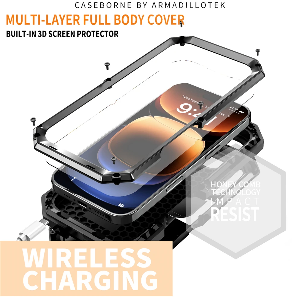 

For iPhone 16 Pro Max Plus Case Metal Shockproof Armor Heavy Duty Cover With Kickstand Built-in Screen Camera Protection Coque