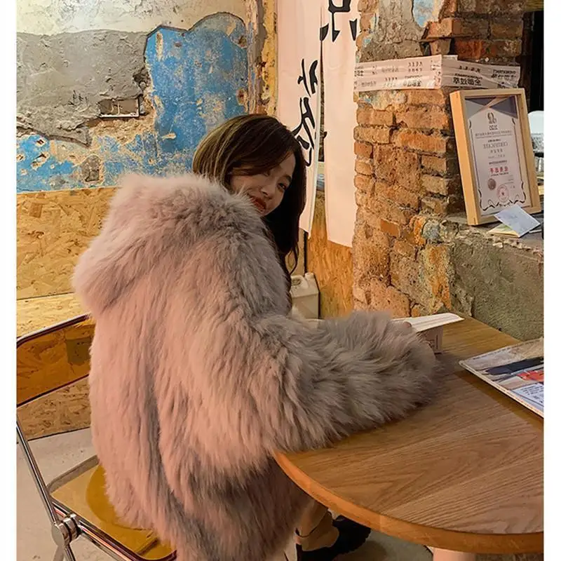 2023 Winter Hooded Fur Collar Faux Fox Fur Grass Coat Women's Pink Loose Medium Length Faux Sable Fur Coat