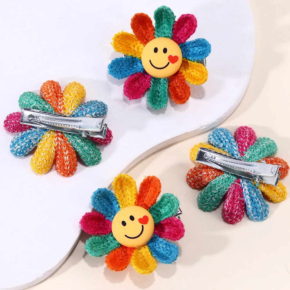 4pcs/Pack Rainbow Yarn Sunflower Hair Clips for Girls Children Girls\' Hair Accessories Kids Headwear Hairpin Hair Pins and Clips