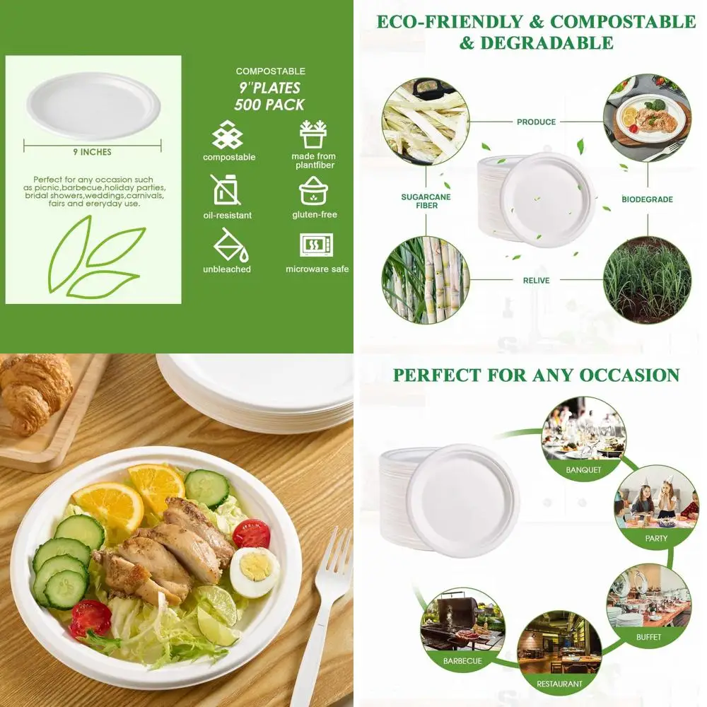 

9 Eco-Friendly Sugarcane Paper Plates, 100% Compostable, Heavy-Duty, 500 Count, Natural White