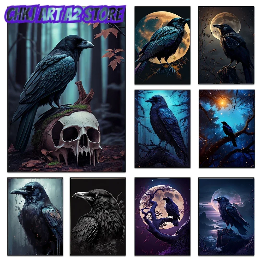 Gothic Home Decor Dark Academy Skull Raven Poster Print For Living Room Horror Art Crow And Full Moon Canvas Painting Wall Art
