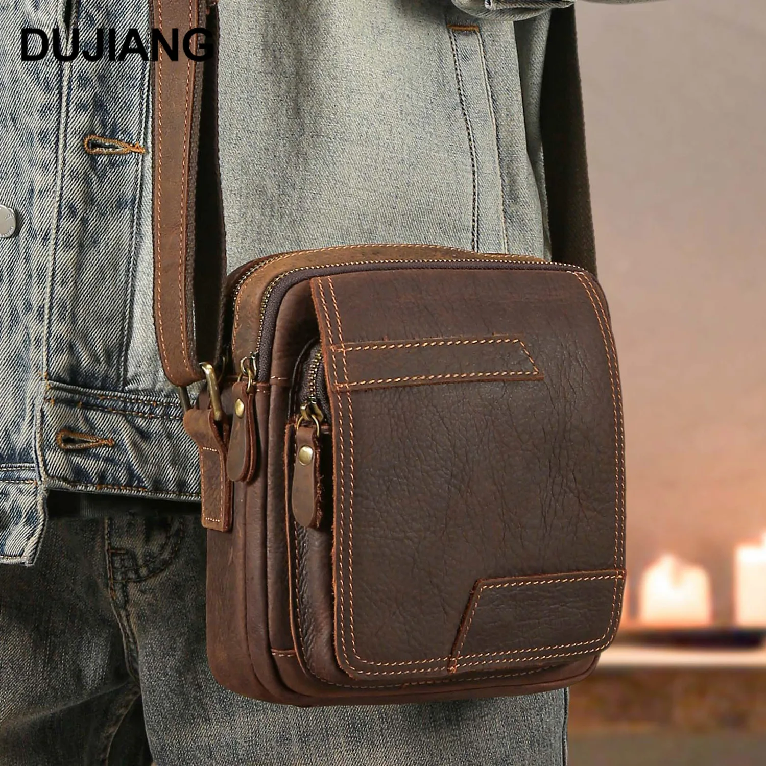 Genuine leather spliced men's crossbody bag, retro square large-capacity high-end travel single-shoulder bag