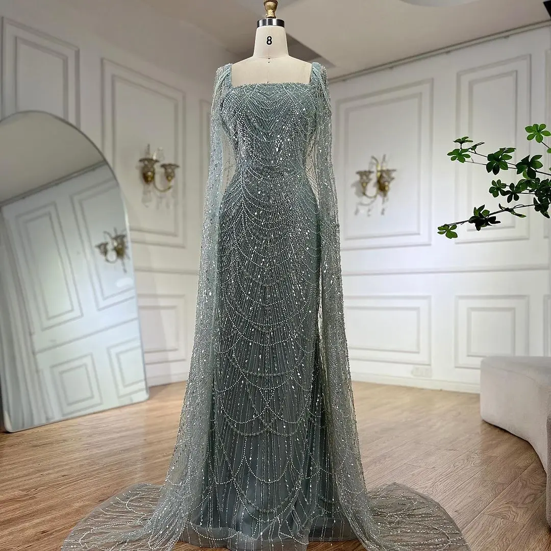 SERENE HILL Customized 2025 Arabic Turquoise Cape Sleeves Beaded Evening Dresses Formal Occasions Gowns Wedding Party GLA72590