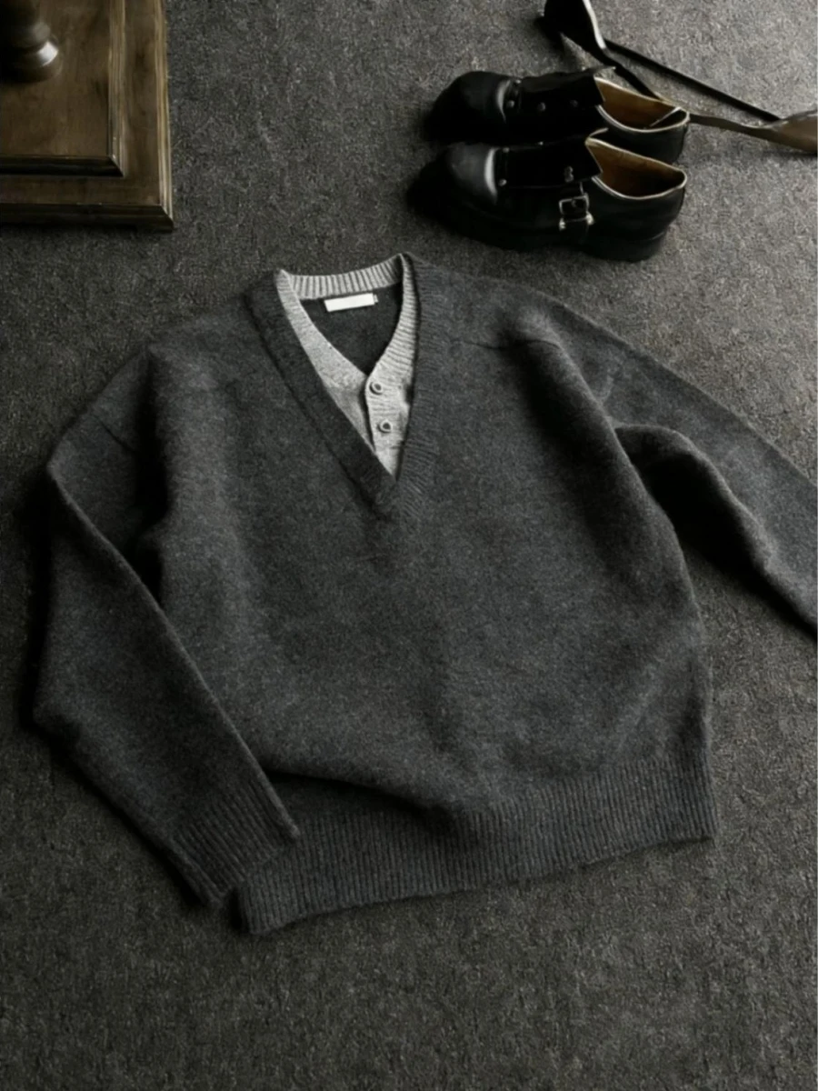 

Deep ey Vintage V-Ne Knitwear Men's Sle Autumn Winter American Retro Loose Fit Cardigan Coat Boys Casual Faion