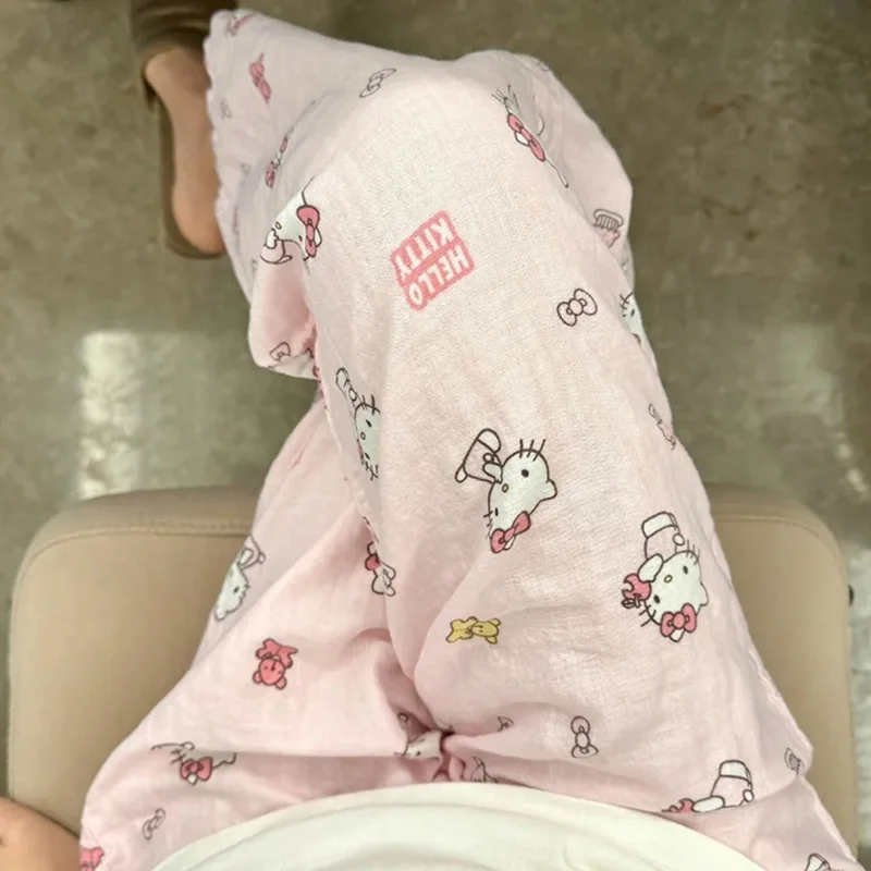 Sanrio Hello Kitty Pure Cotton Pajama Pants Wide Kawaii Kitty Leg Pants Summer Thin High Waist Casual Trousers Girl Gifts