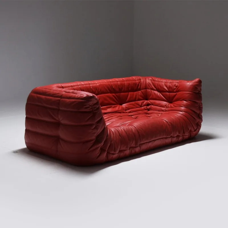 French retro all-leather sofa American small apartment living room three-person French, oil wax leather sofa
