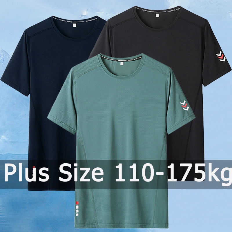 Camiseta masculina de secagem rápida, camiseta com gola redonda, tops de manga curta, camiseta de corrida e futebol, tamanho grande, 7XL, 110-175kg, verão