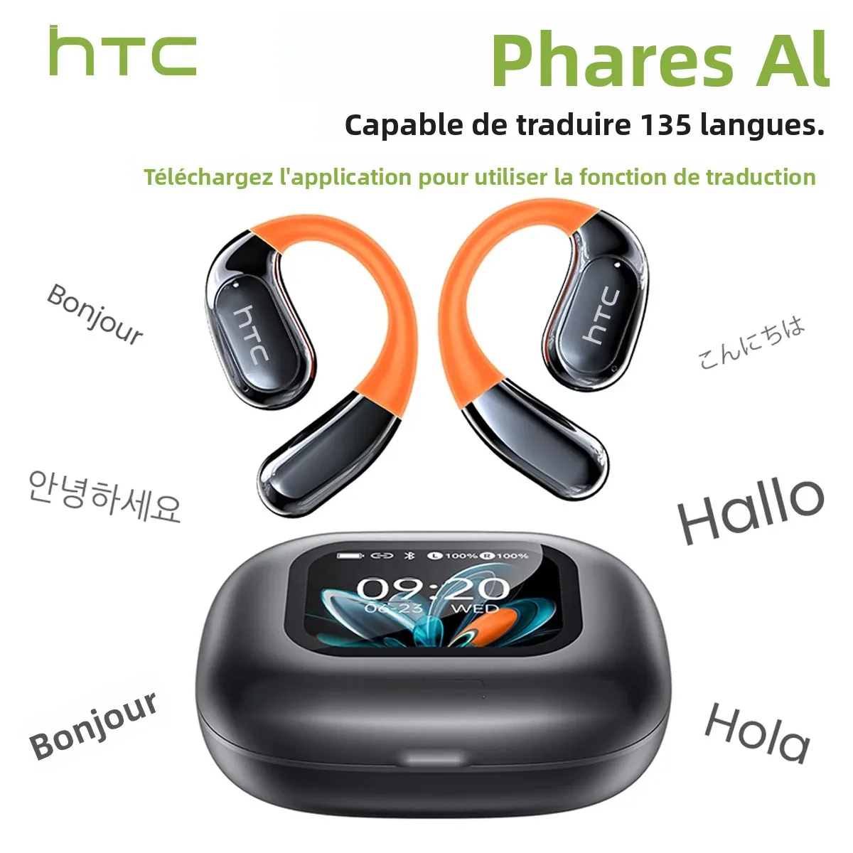 HTC NE27 Bluetooth écouteur AI traduction écouteurs OWS Sport casque écran tactile Ultra longue durée de vie de la batterie casque sans fil
