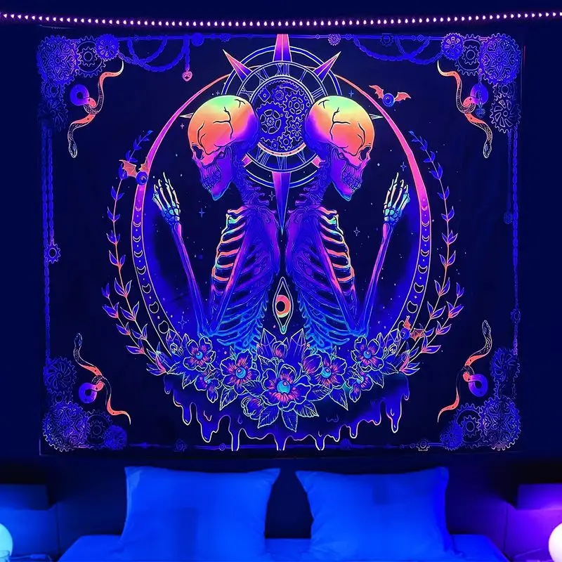 VIKAMA Two Head Skeleton Floral Tapestry Psychedelic Gear Blacklight Wall Hanging Bedroom Dorm Gaming Room Decor