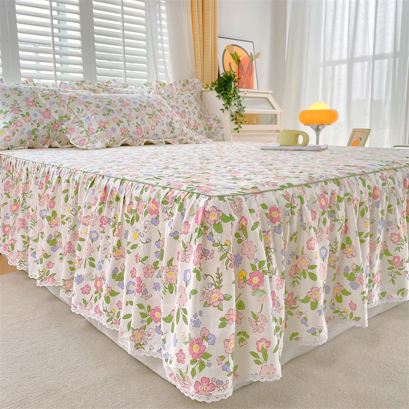 100% Cotton Bed Skirt colcha de cama queen Floral Style Bedspread Girls Room Lace Mattress Cover 120x200(Pillowcase Need Order)