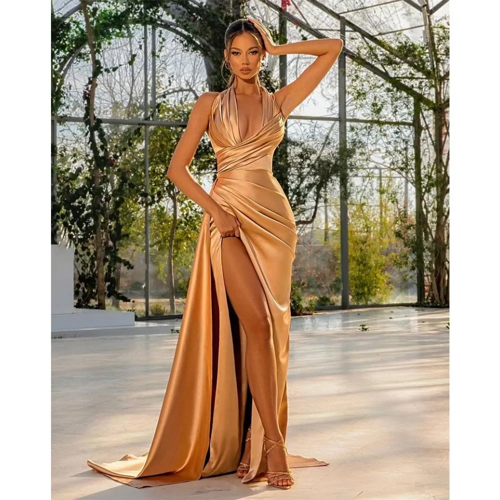 Fashion Halter Pleat Side Split Satin Prom Dress for Women Chic Floor Length Sweep Train A-Line Gowns Evening Party Dress 2023