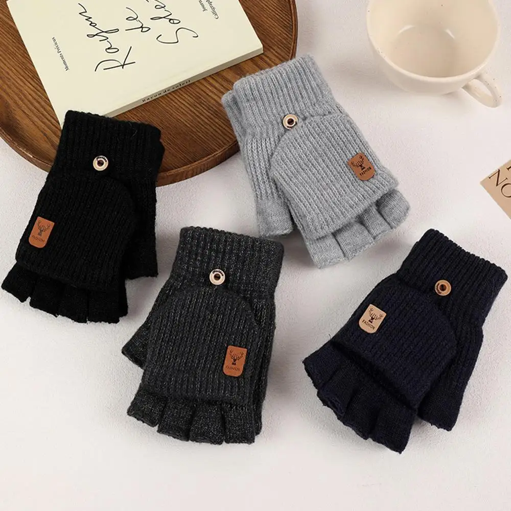 플립 장갑 겨울 니트 학생용 글쓰기 따뜻한 반손가락 두꺼운 터치스크린 장갑 방풍 니트 손가락 없는 장갑