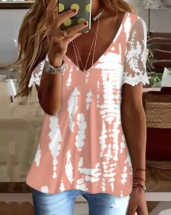 

Tie Dyed Print Lace Up Patch Deep V-Neck Top 2023 New Hot Selling Fashion Women's Wear