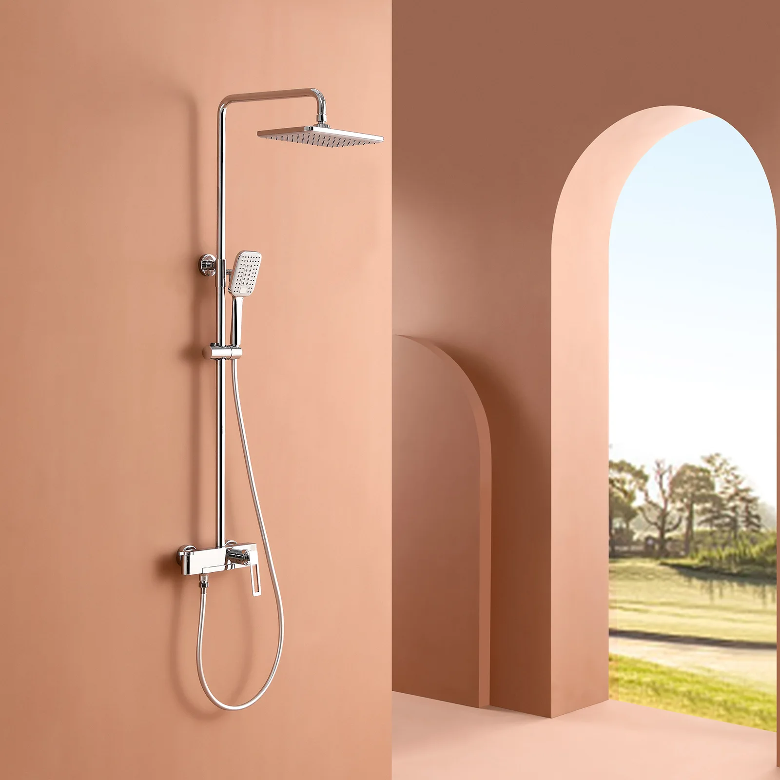 Household Bathroom Bathroom Hot And Cold Three-function Bathroom Surface Shower Chrome-plated Into The Wall Shower Set