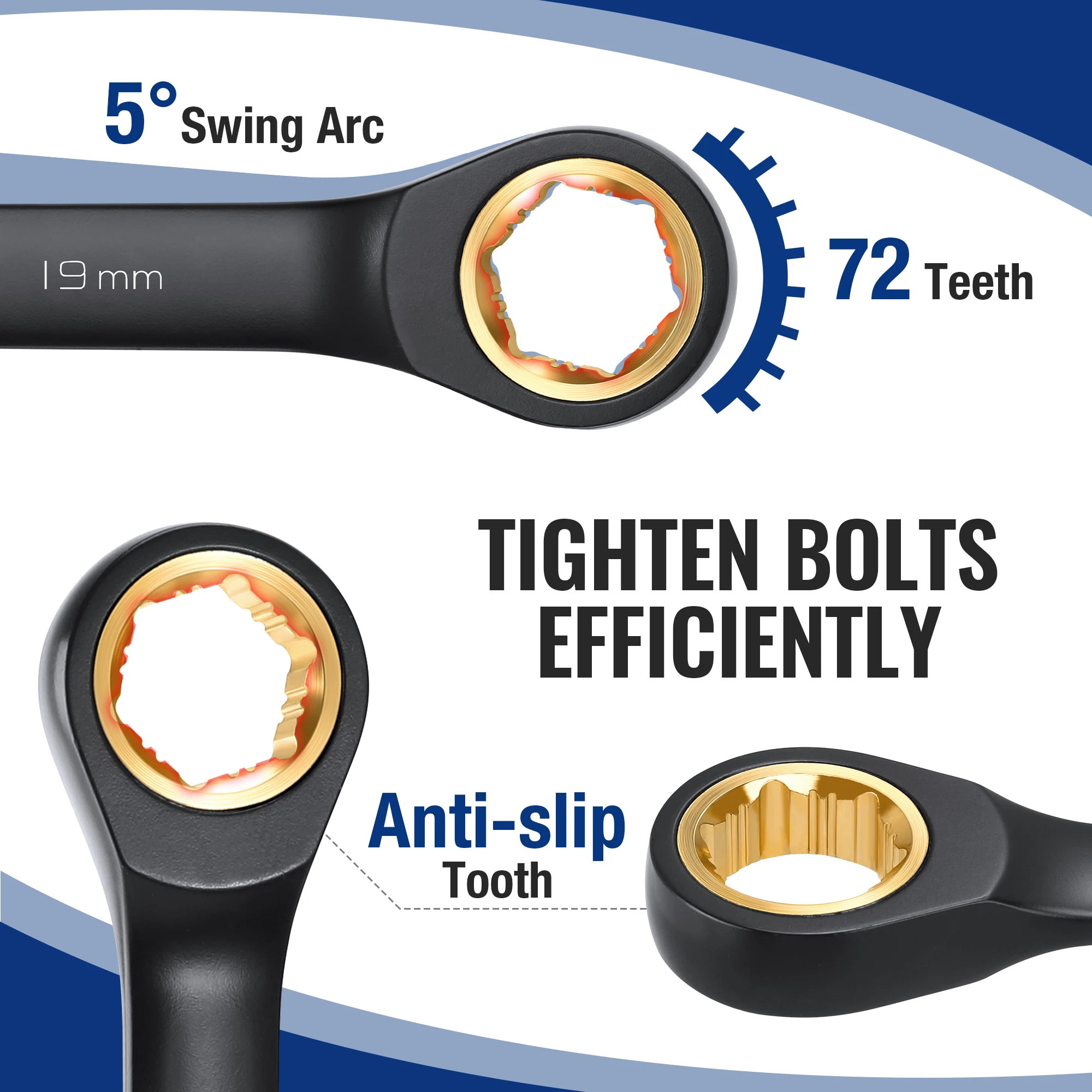 WORKPRO 9 قطعة مجموعة مفاتيح ربط مضادة للانزلاق متري/البحر 8-19 مللي متر 72-الأسنان Cr-V مجموعة مفاتيح بسقاطة سوداء مصممة