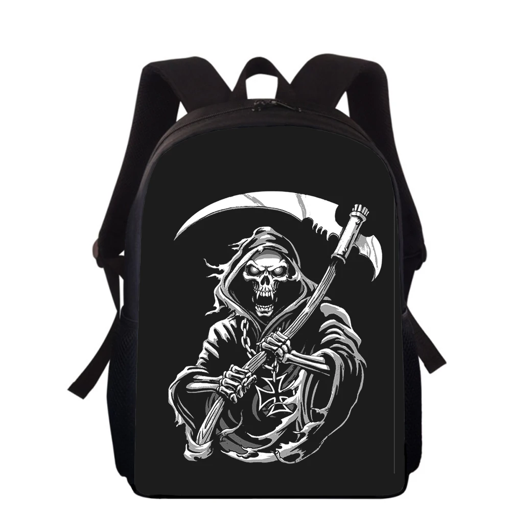 Sacos de escola primária 3D Print para meninos e meninas, mochila esqueleto Grim Reaper, estudantes sacos de livros, 16"