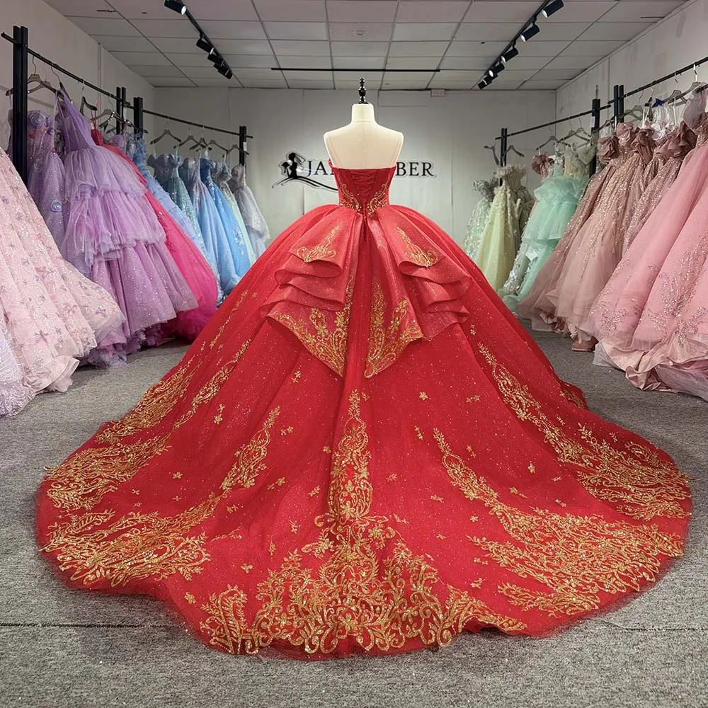 Vibrant Quinceanera Dresses Red Gold Tulle Ball Gown Customized Sweetheart Embroidery Chapel Train vestidos de 15 años