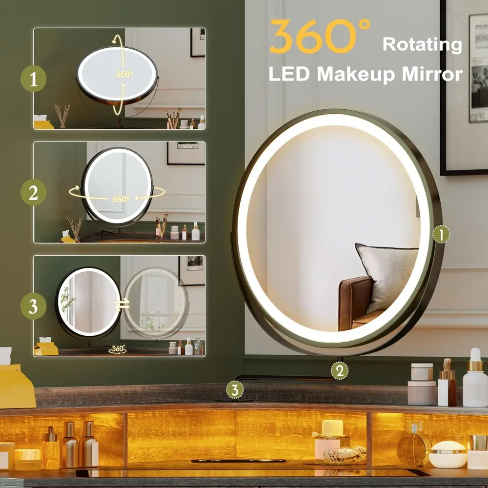 مكتب زينة زاوية بنية مع مرآة وأضواء LED ومحطة شحن