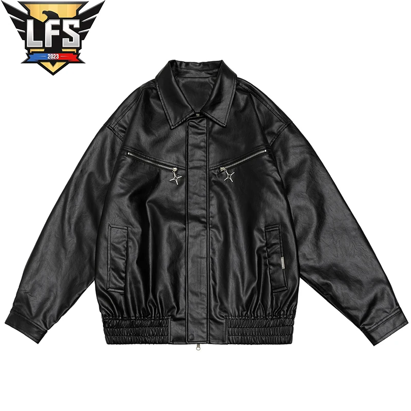 

Street Fashion PU Leather Jackets Men Black Soft Faux Leather Tops Motorcycle Biker Casual Loose Coats Bomber Pockets Jacket