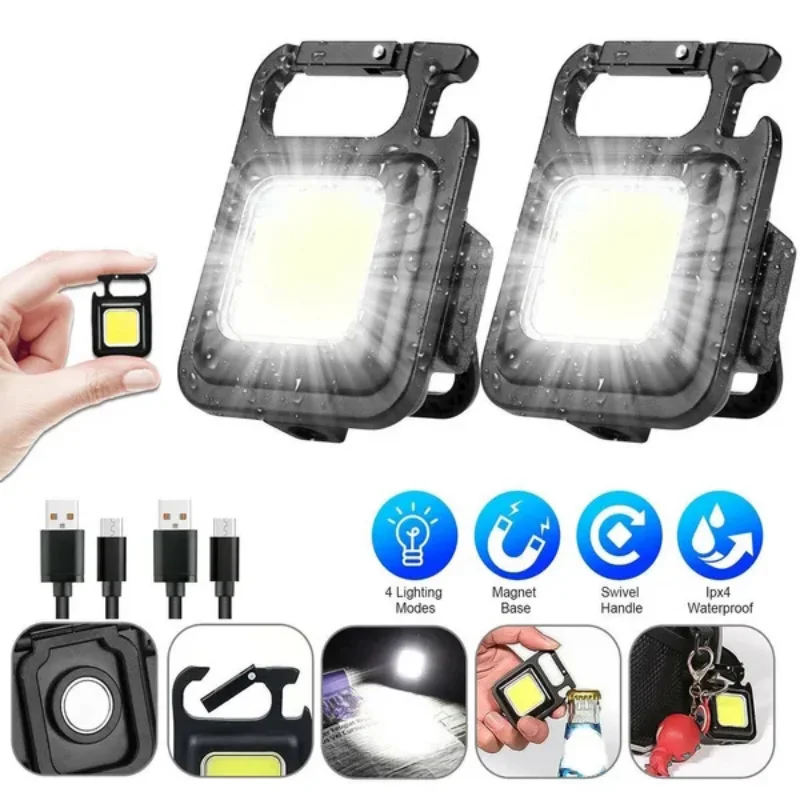 1-4Pcs Mini LED Keychain Light Portable USB Rechargeable Pocket Work Light Outdoor Camping Fishing Climbing Magnetic Flashlight