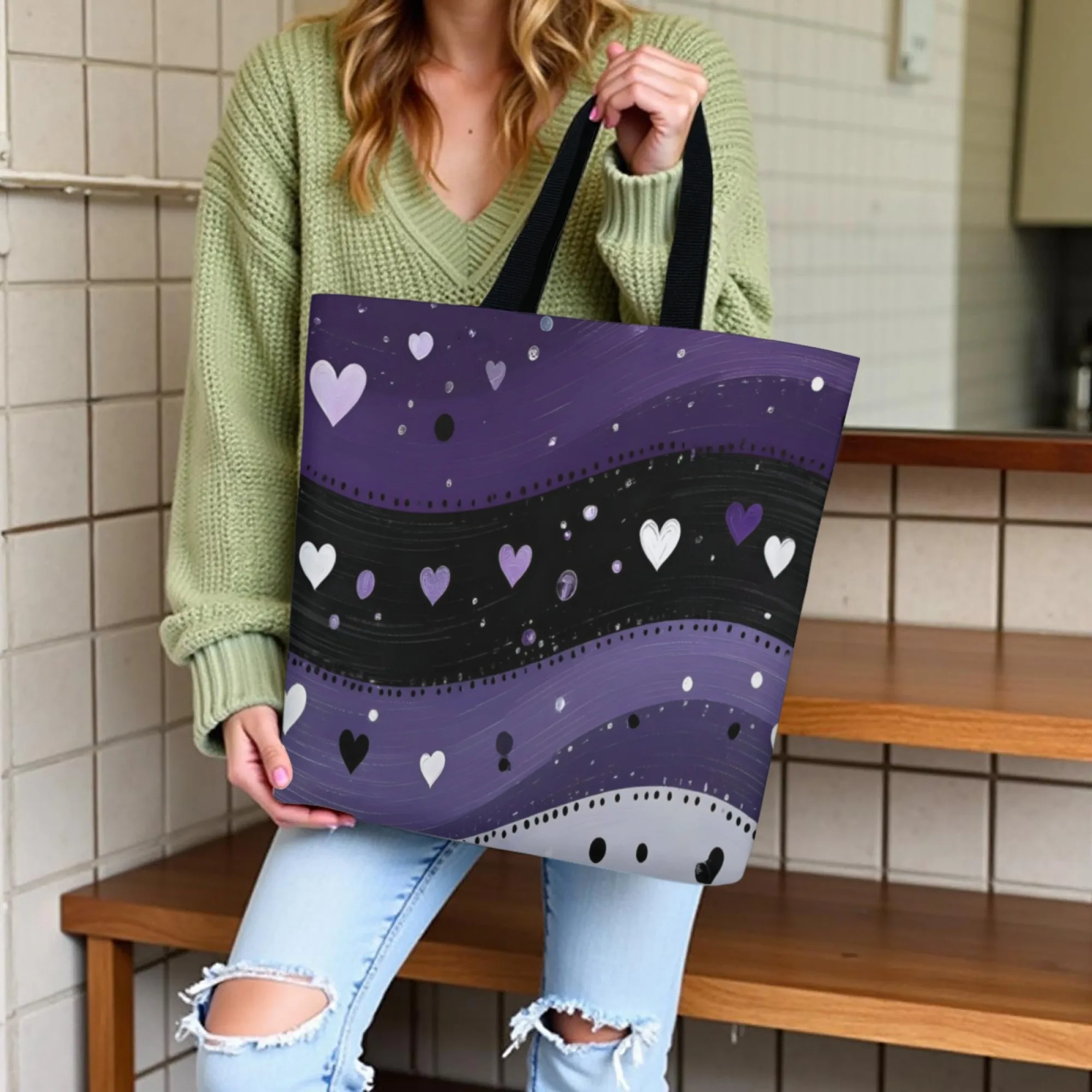 Bolsa de Lona con Corazón Ondulado Morado, Estilo Dulce y Fresco, Estilo Juvenil, Ecológica, para Estudio y Viajes