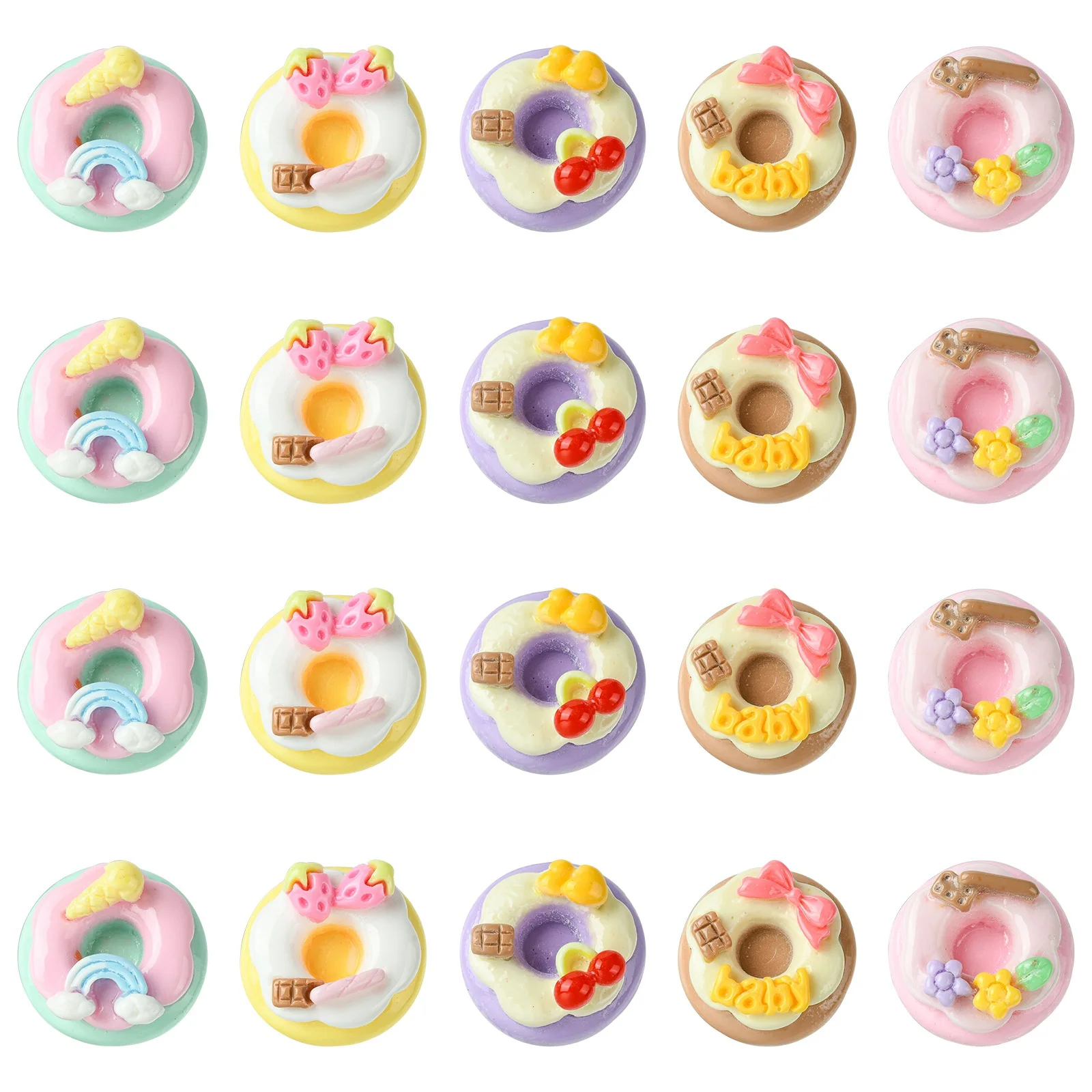 Pandahall 30Pcs 5 Styles Resin Donut Beads Sweet Food Flatback Beads Opaque Doughnut Beads for DIY Crafts Keychain Making