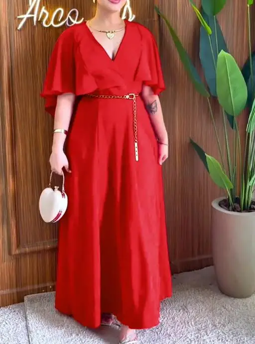 

Overlap V-Neck Asymmetrical Ruffles Cape Design Cinched Waist Maxi Dress Elegant Shirred Back Evening Dress Without Belt