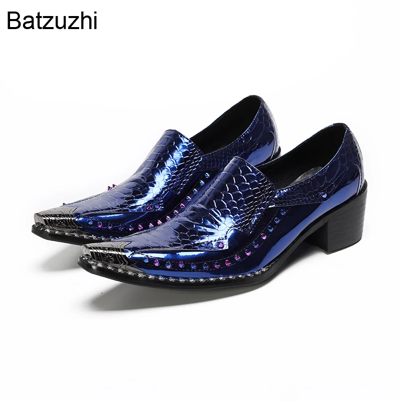 

Batzuzhi Blue Leather Dress Shoes Man Luxury Handmae Men's Shoes Slip on 6cm High Heels Fashion Party/Wedding Footwear!