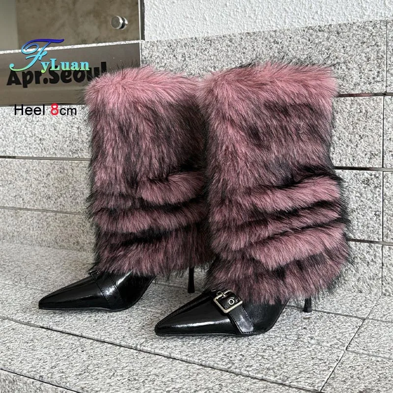 

Осенне-зимние женские ботинки, короткие сапоги в стиле знаменитостей, ботинки до середины икры на шпильке 8 см, модная модельная обувь для показа, меховые ботинки